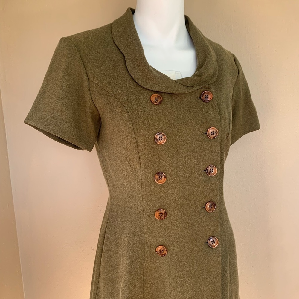 Vintage Olive Double-Breasted Mini Dress | 90’s Short Sleeve Button Front Dress - Picture 3 of 6